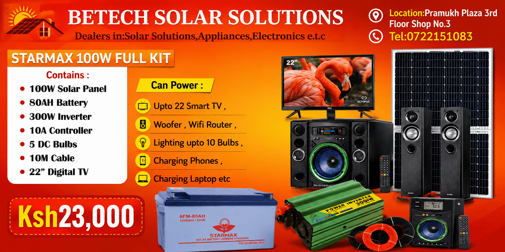 Starmax 100W Full Solar Kit with 80Ah Battery + 300W Inverter + 22” Digital TV – Complete Home Solar Power System