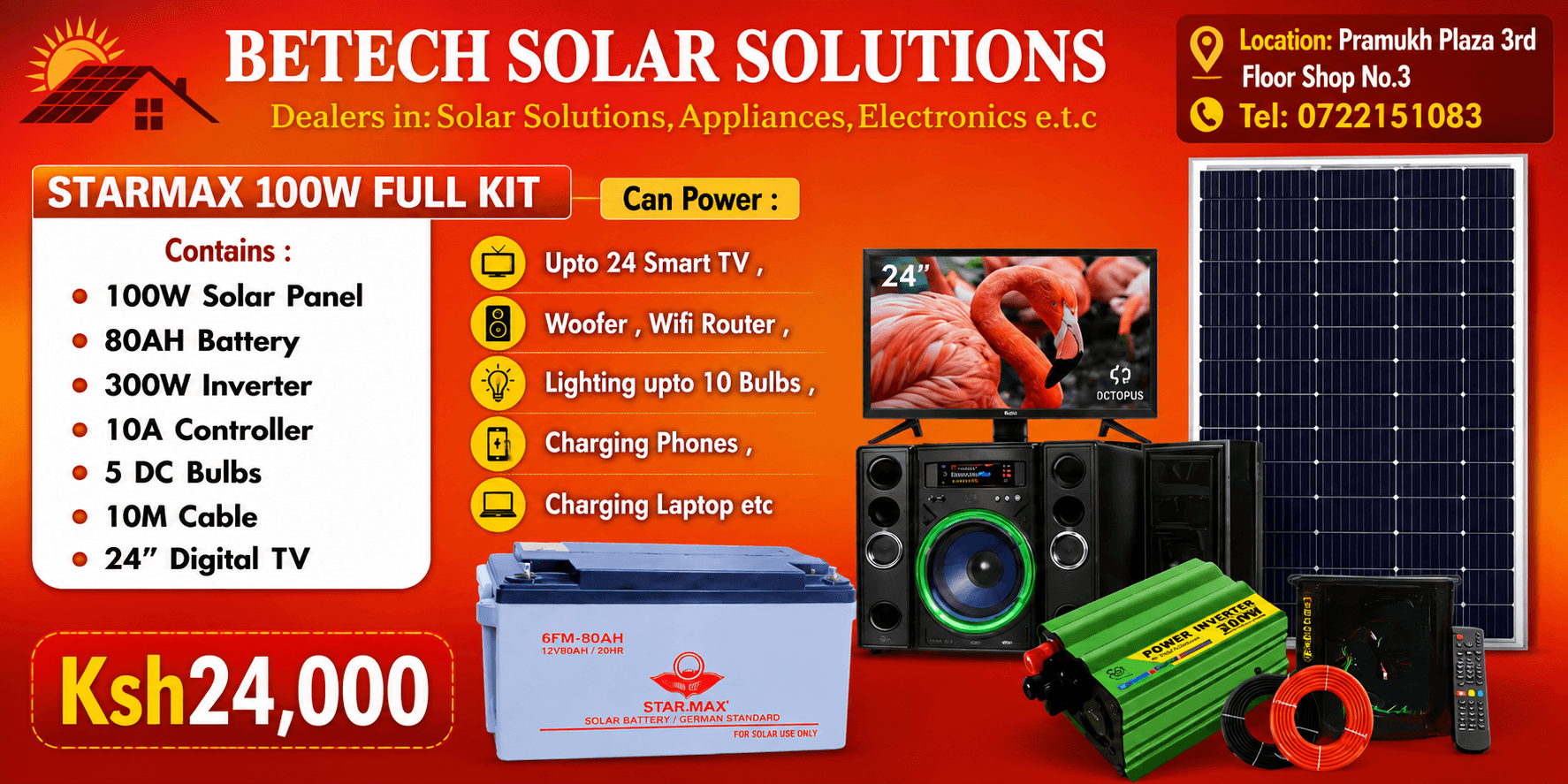 Starmax 100W Full Solar Kit with 80Ah Battery + 300W Inverter + 24” Digital TV – Complete Home Solar System