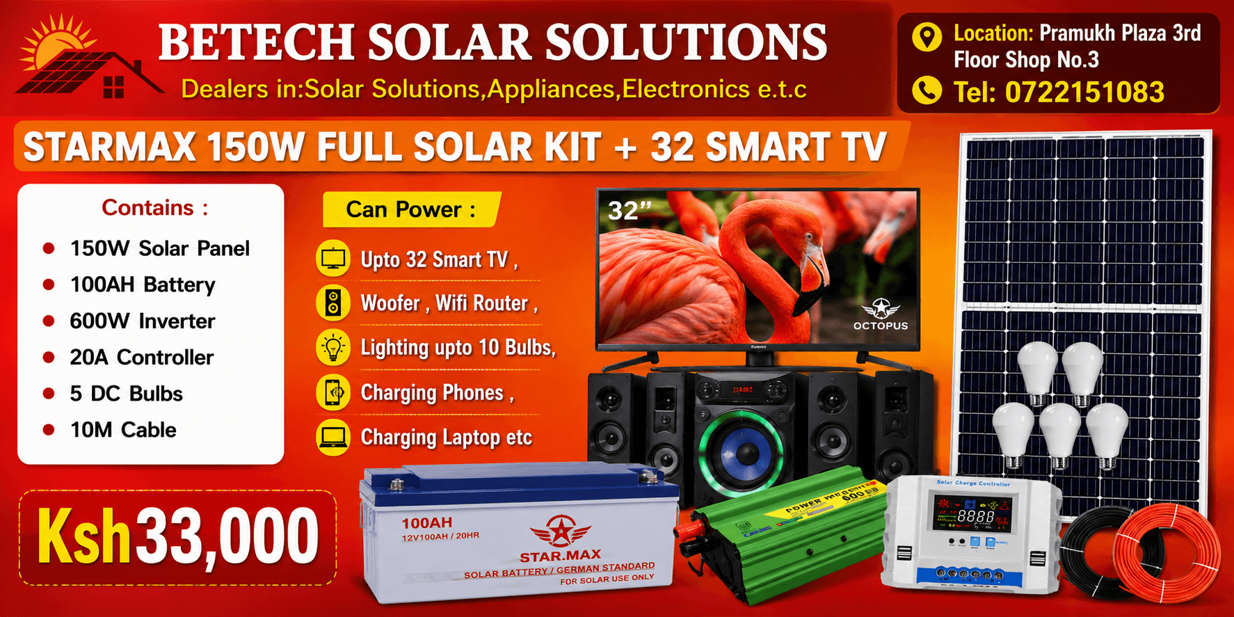 Starmax 150W Full Solar Kit with 100Ah Battery + 600W Inverter + 32” Smart TV – Complete Home Solar Power System