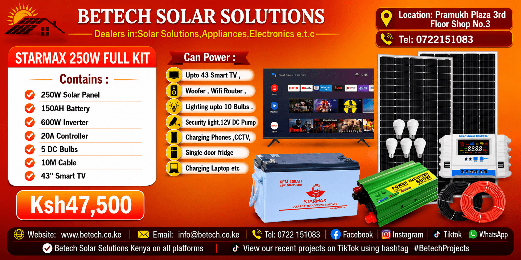 Starmax 250W Full Kit : 250W Solar Panel , 150AH Solar Battery , 600W Inverter , 20A Controller , 5 DC Bulbs , 10M Red and Black Cable