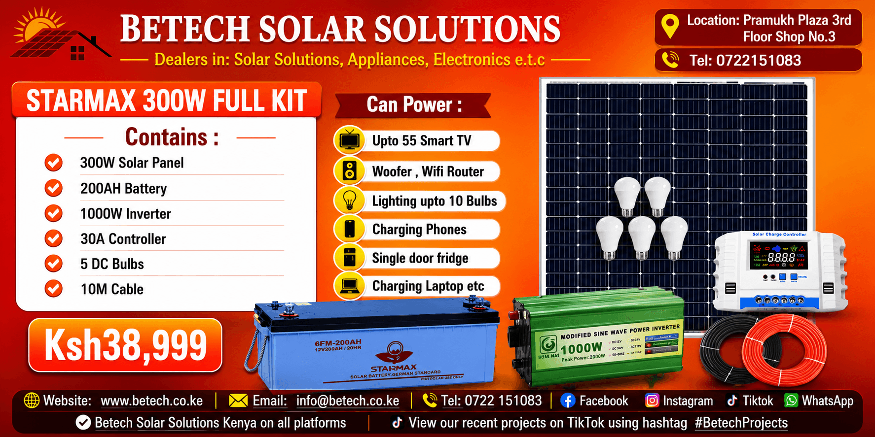 Starmax 300W Solar Full Kit : 300W Solar Panel , 200AH Solar Battery , 1000W Inverter , 30A Controller , 5 DC Bulbs , 10M Cable
