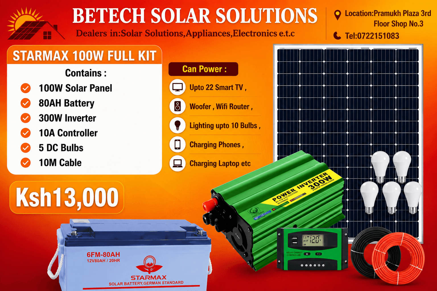 Starmax 100W Full Kit : Solarmax 100W Solar Panel , Starmax 80AH Battery , Solarmax 300W Inverter , Solarmax 10A Controller , 5 DC Bulbs , 10M Cable
