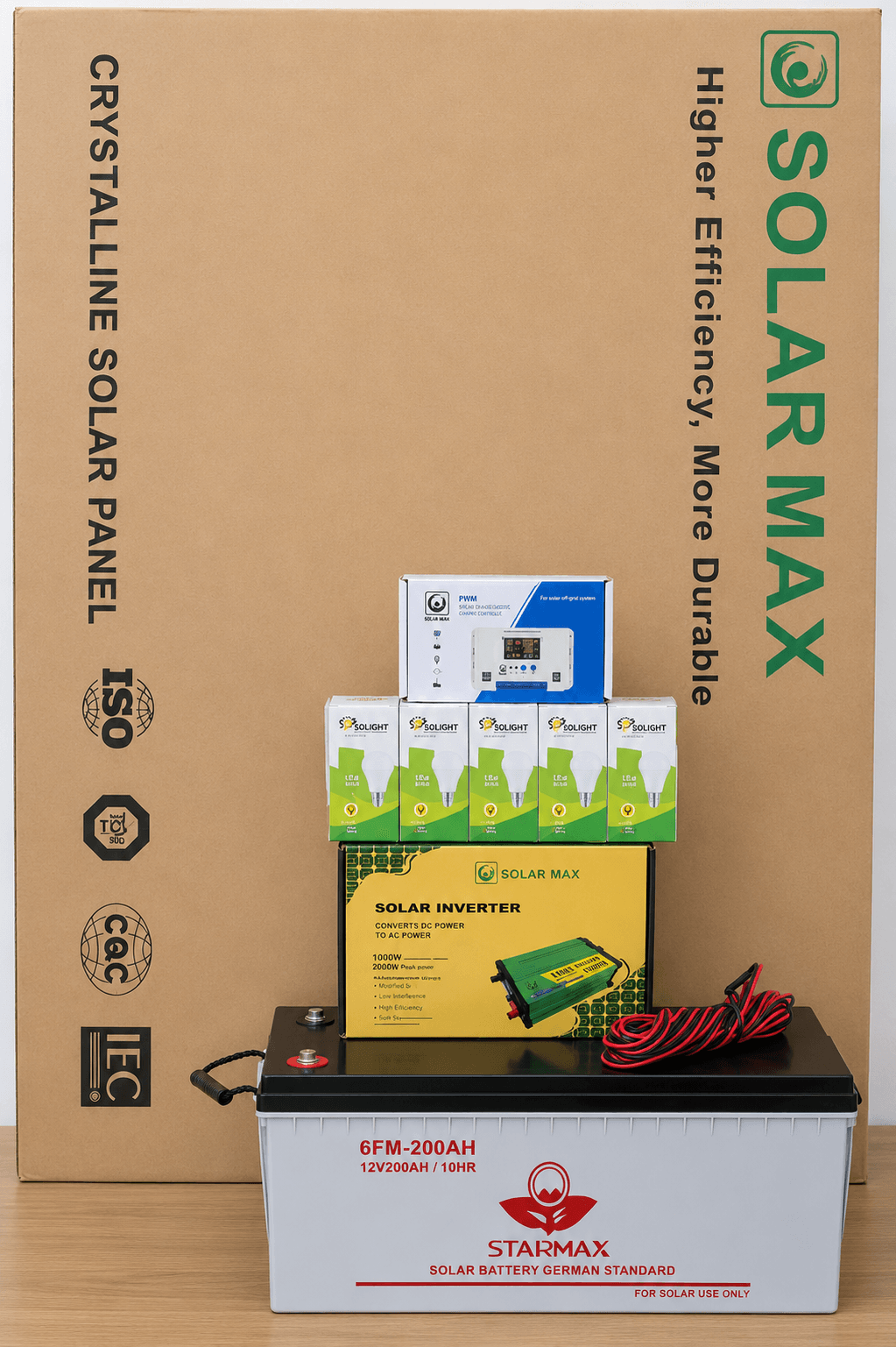 Starmax 300W Solar Full Kit : 300W Solar Panel , 200AH Solar Battery , 1000W Inverter , 30A Controller , 5 DC Bulbs , 10M Cable