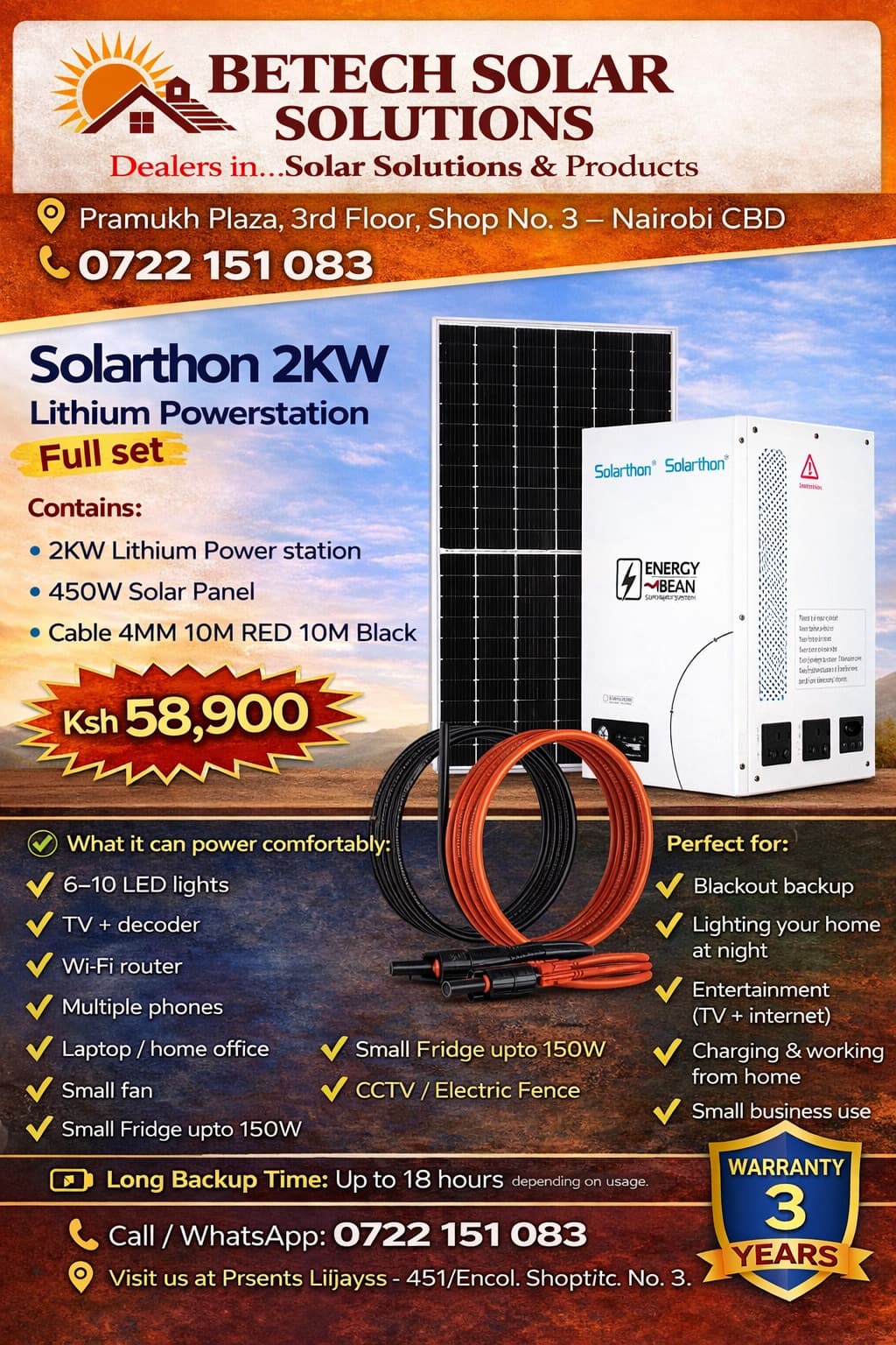 Solarthon 2KW Lithium Powerstation Full kit with 515W Solar Panel 10M 4MM PV Cable