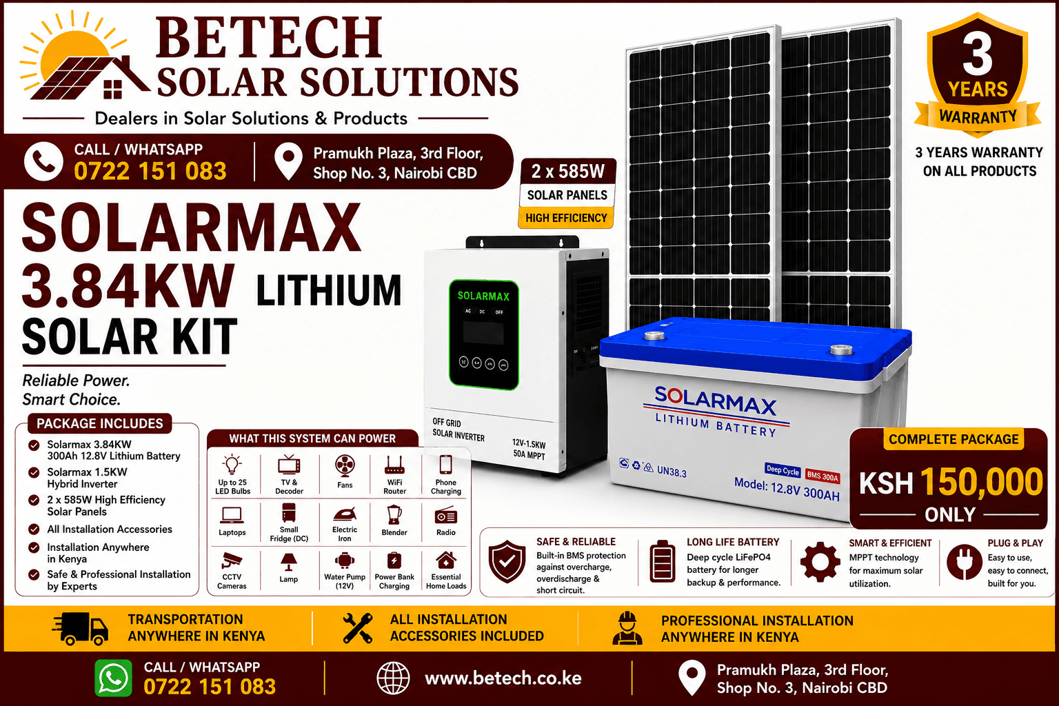 Solarmax 4KW Lithium Solar Kit All Inclusive : 1.5KW must hybrid inverter,2pcs 515W high efficiency solar panel ,3.84kw(12.8/300ah) lithium battery , All installation Accessories , Transportation , Installation anywhere in Kenya
