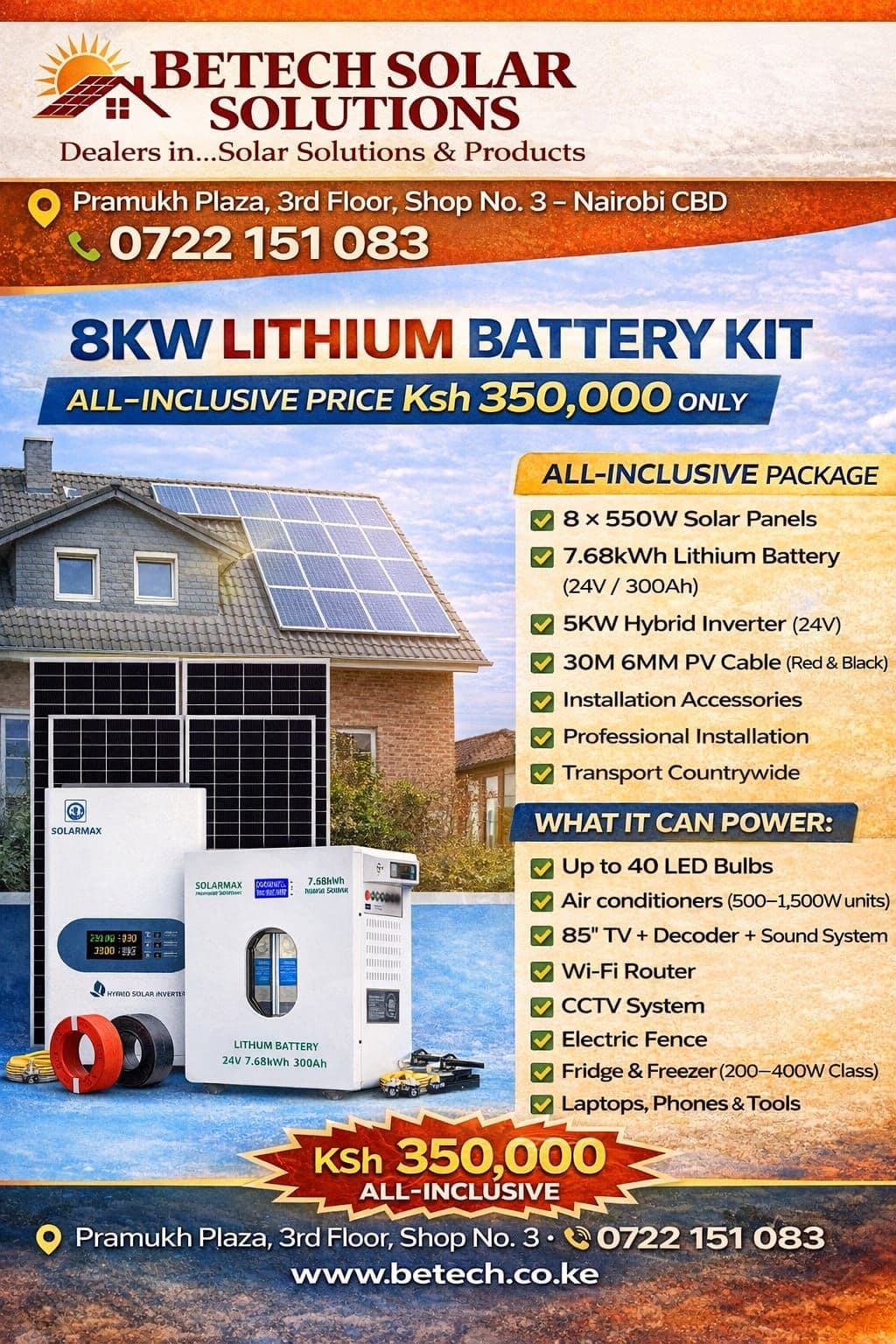 Solarmax 8KW Lithium Solar System : Solarmax 7.68KW Lithium Battery 300AH 25.6V , Solarmax 5KW 24V Hybrid Inverter , Solarmax 585W Solar Panels 8pcs , All installation accessories , Transportation and installation