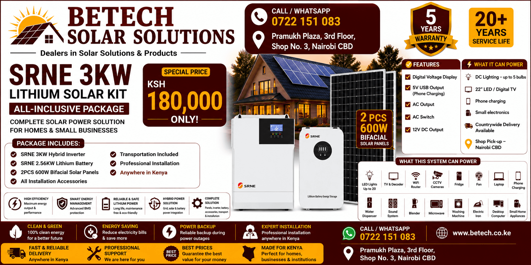 SRNE 3KW Lithium Solar Kit All Inclusive : 3KW Hybrid Inverter , 2.56KW Lithium Battery , 2 Panels 600W Solar Panels Bifacial , All Accessories , Transport and Installation anyhwere in kenya
