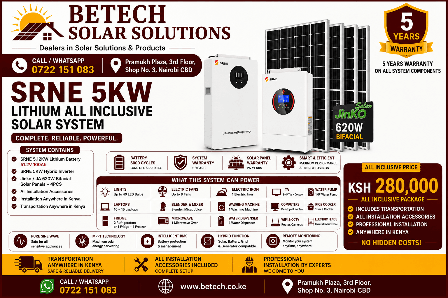 SRNE 5KW Lithium Solar Kit All Inclusive : 5.12KW Lithium Battery , 5KW Hybrid Inverter , 4 pcs 620W Solar Panels Bifacial , All inclusive of All Installation Accessories , Transportation and Installation anywhere in Kenya