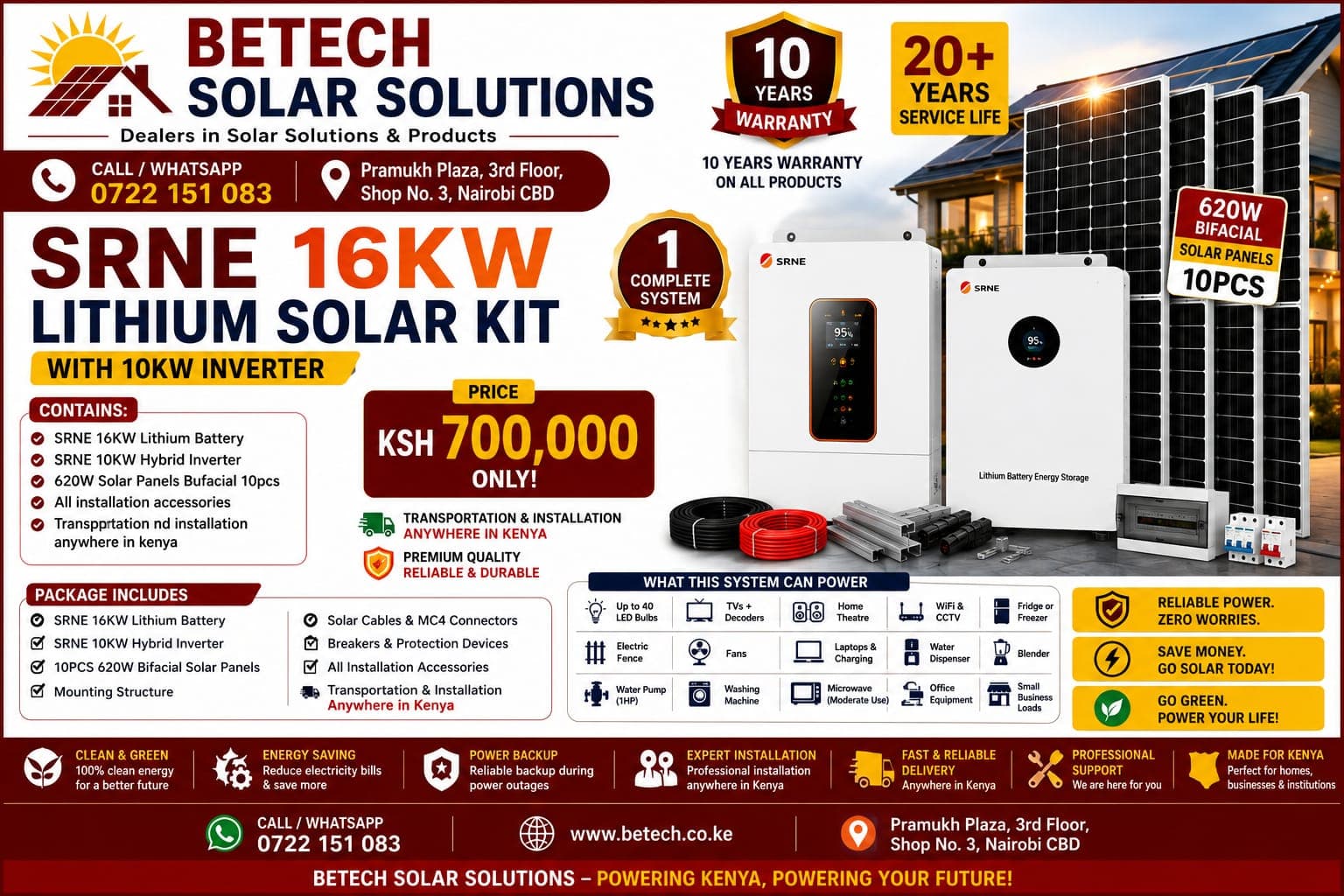 SRNE 16.07KW Lithium Solar System, 16.2KW Lithium Battery, 10KW Hybrid Inverter, 10x 620W Bifacial Solar Panels, Installation Accessories, Transportation & Installation in Kenya