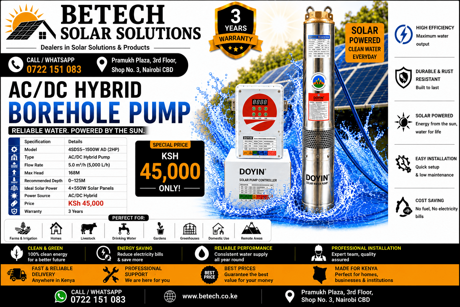 4SDS5-1500W AD (2HP) AC/DC Hybrid Submersible Borehole Pump | 5,000L/H Flow Rate | 168M Lift Height | 4×550W Recommended Solar Panels | 1¼" Pipe Size | 3-Year Warranty