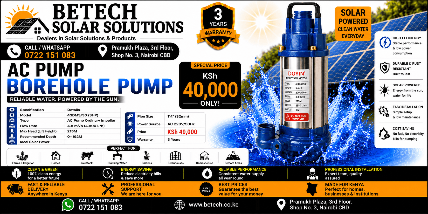 4SDM3/30 (3HP) AC Submersible Borehole Pump | 4,800L/H Flow Rate | 215M Lift Height | 1¼" (32mm) Pipe Size | 3-Year Warranty