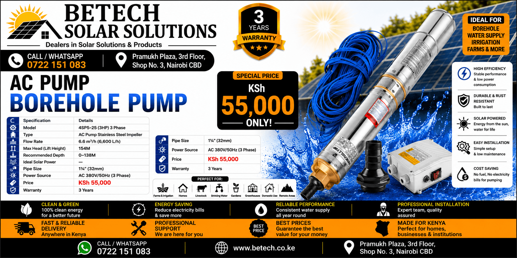 4SP5-25 (3HP) 3 Phase AC Submersible Borehole Pump | Stainless Steel Impeller | 6,600L/H Flow Rate | 154M Lift Height | 1½" Pipe Size | 3-Year Warranty