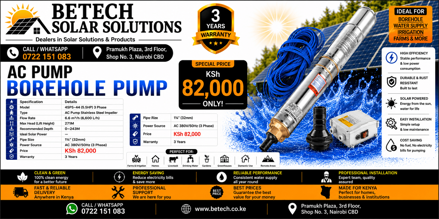 4SP10-20 (5.5HP) 3 Phase AC Submersible Borehole Pump | Stainless Steel Impeller | 14,400L/H Flow Rate | 120M Lift Height | 2½" Pipe Size | 3-Year Warranty
