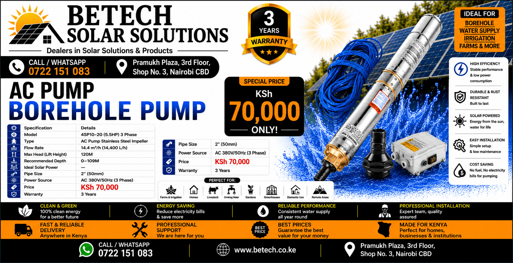 4SP10-20 (5.5HP) 3 Phase AC Submersible Borehole Pump | Stainless Steel Impeller | 14,400L/H Flow Rate | 120M Lift Height | 2½" (65mm) Pipe Size | 3-Year Warranty