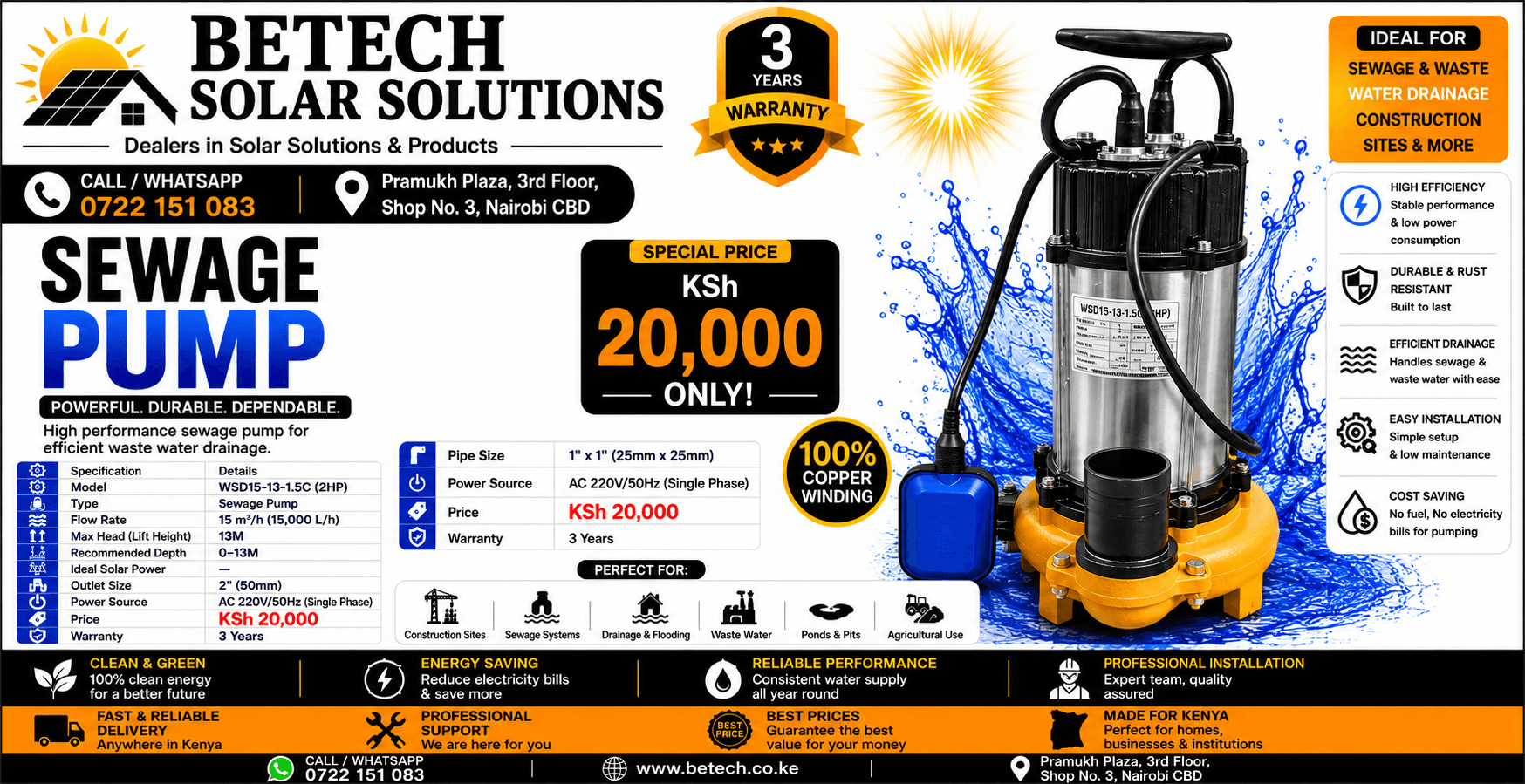WSD15-13-1.5C (2HP) Submersible Sewage Pump | 15,000L/H Flow Rate | 13M Lift Height | 2" Discharge | Heavy-Duty Wastewater Pump | 3-Year Warranty