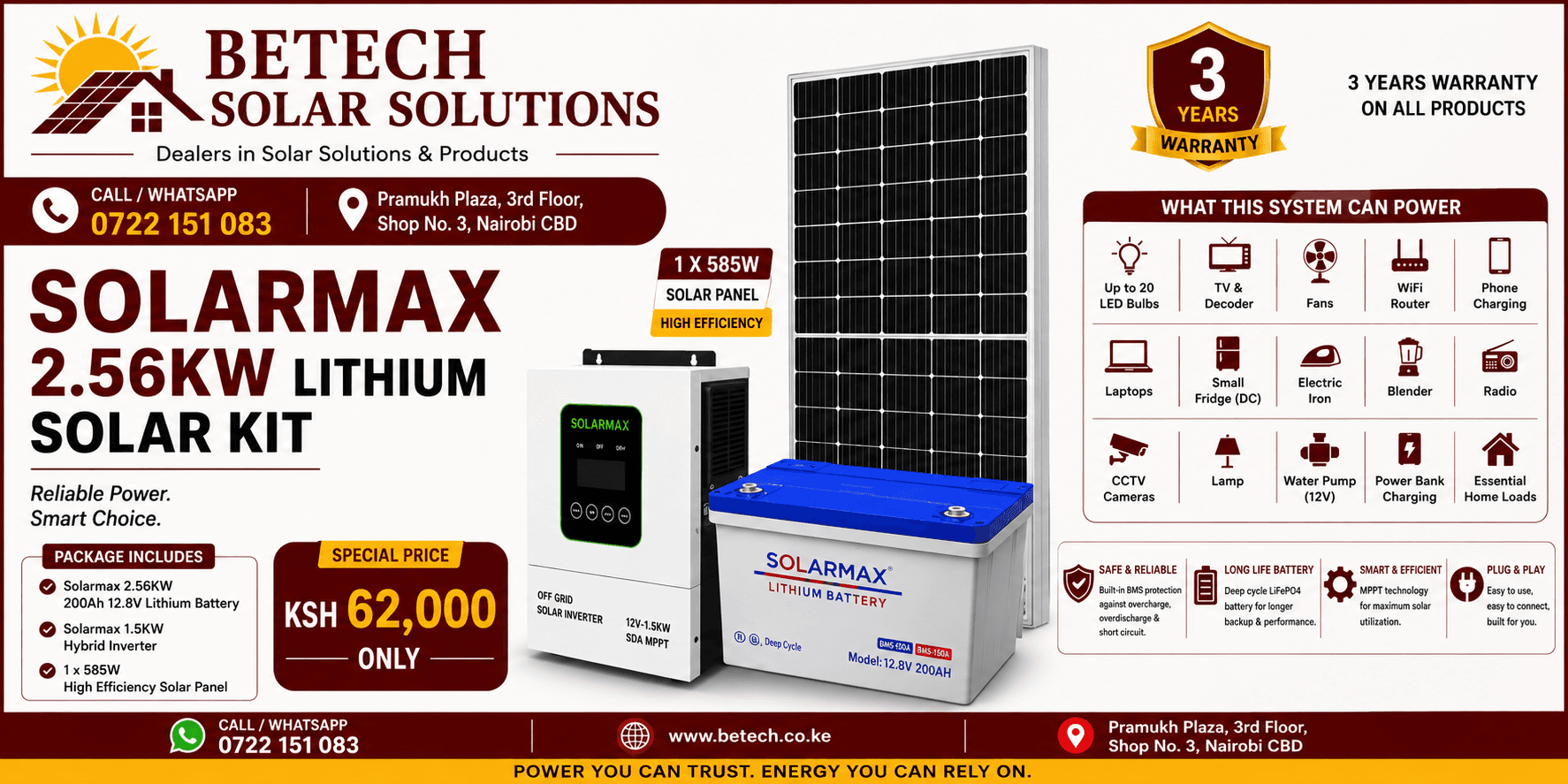 Solarmax 2.56KW Lithium Solar Kit – 200Ah Lithium Battery + 1.5KW Hybrid Inverter + 585W Solar Panel